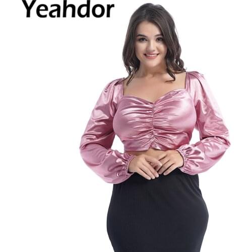 Women Summer Cropped Top Satin Pure Color Crop Tops Long Puff Sleeve Square Neck Ruched Front Sexy Blouse for Party Wedding