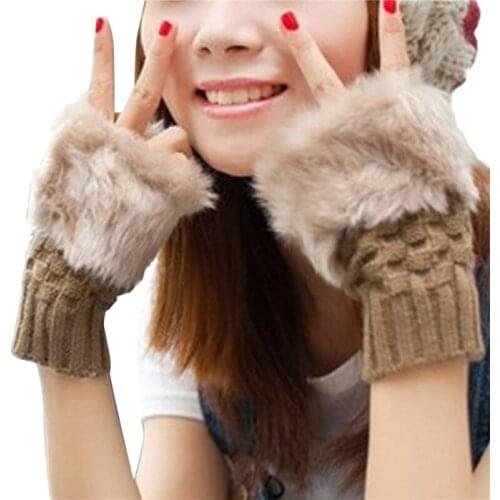 Winter Women Gloves Plush Faux Fur Knitting Wool Keep Warm Fashion Short Mitten Fingerless Lady Girl Half Finger Glove
