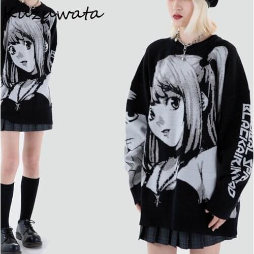 Kuzuwata Knitted Harajuku Winter Clothes Women 2021 Oversized Sweater Long Sleeve Top Fashion Japanese Kawaii Cartoon Streetwear