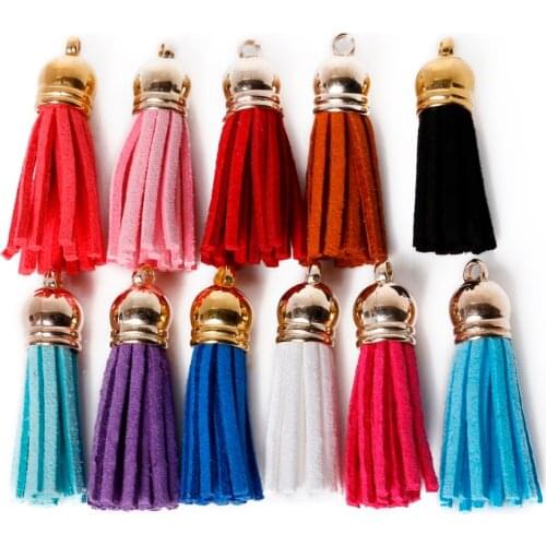 10Pcs 35mm Mixed Suede Leather Jewelry Tassel For Key Chains/ Cellphone Charms Top Plated End Caps Cord Tip Jewelry findings