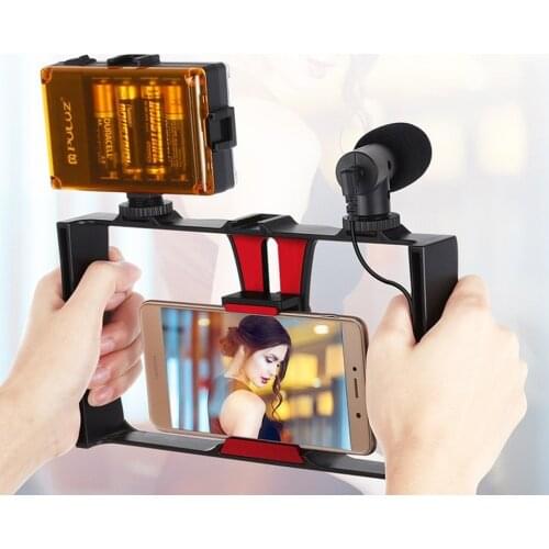 4 In 1 Vlogging Live Broadcast LED Selfie Light Smartphone Video Rig Kits with Microphone + Tripod Mount + Cold Shoe Tripod Head