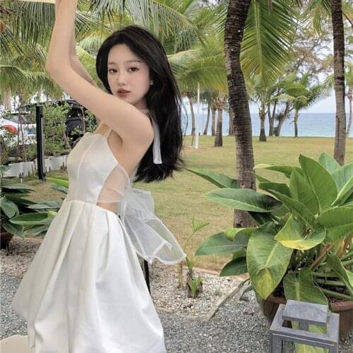 White Midi Dress Women Korean Halter Party Summer Sexy Sling Robe Sleeveless Bandage Dresses Bow Female Bud Club Vestidos Mujer