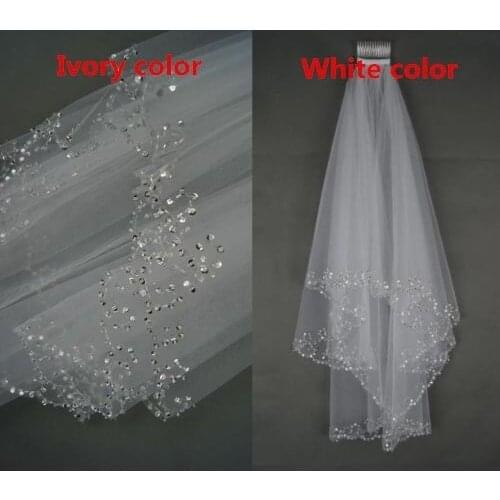 HOT New White Ivory 2 Layers Wedding Bridal Veil With Comb Sequin Beaded Veils