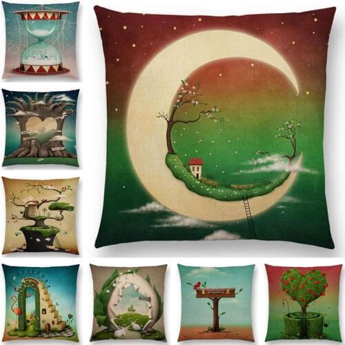 Hot Sale Dream World Fantasy Green Arch Colorful City Tree House Flowers Hat Flamingo Moon Fairy Tales Cushion Cover Pillow Case