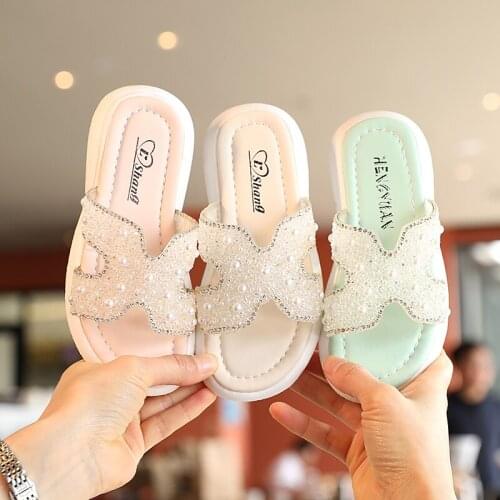 JY Summer Children Girls Beach Bling Slippers Non-Slip Parent-Child Shoes Pink Beige Green Thick Bottom 28-38 TB02