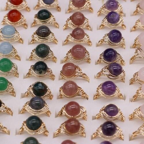 Wire Wrapped Crystal Rings Reiki Healing Stone Natural Amethysts Agates Pink Quartz Fashion Women Rings Party Wedding Jewelry