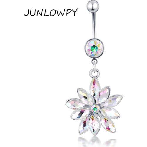 JUNLOWPY Navelpiercing Stainless Steel 20pcs 14 Gauge Steel Bar Rainbow Flower Pendant Dangling Belly Button Rings Body Jewelry