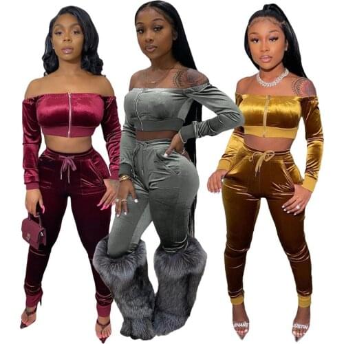 Adogirl Korean Velvet Women Two Pieces Set Sexy Strapless Off Shoulder Crop Tops Drawstring Pencil Pants Suits Casual Loungewear