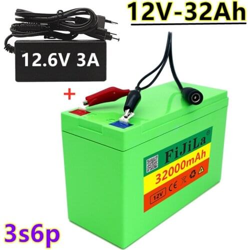 12V 32Ah 18650 lithium battery pack + 12.6V 3A charger, built-in 30Ah high current BMS, used for sprayer, 12V power supply