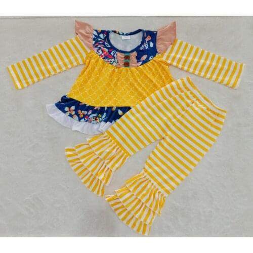 Lovely New Toddler Girl Flower and Ruffles Yellow Stripe Pants Set Fall Boutique kid Outfits 3M-16T