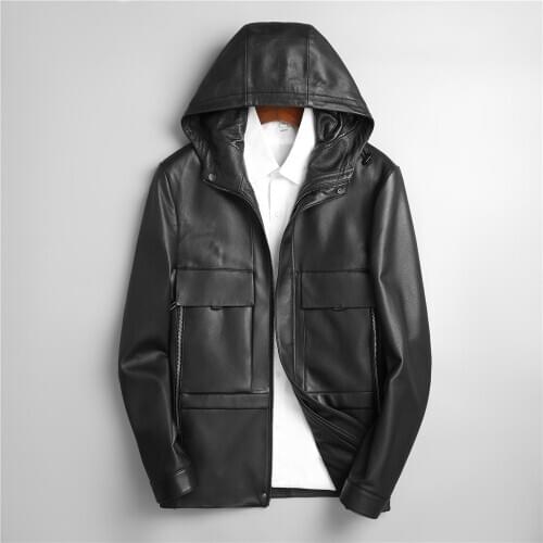 2020 New Hooded Men Casual Black Sheepkin Leather Jacket Autumn Spring Deer Printing Genuine Leather Outerwear