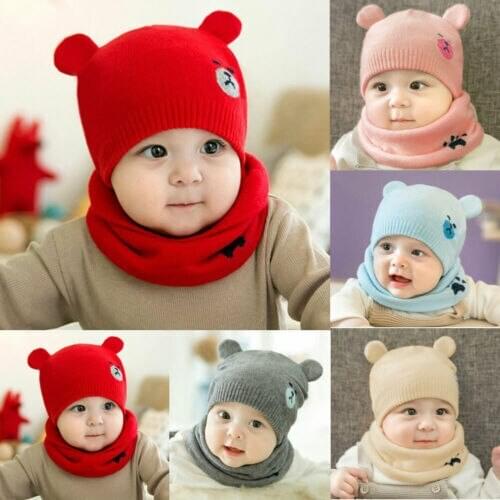 Focusnorm New Fashion 0-24M Baby Boy Girl Hat Scarf 2PCS Cute Baby Newborn Winter Knit Wool Hat Neckerchief Cap For Boy Girl