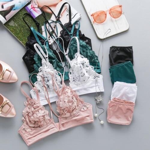 New Sexy French Ultra-thin Bralette Lace Embroidery Full Cup Underwear Sexy Hollow Deep V Push Up Bra Set Women Lingerie Panty