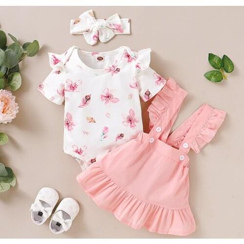 Baby girl clothes summer cotton princess dress suit girl print bag fart romper jumpsuit + suspender skirt + headband 3-piece set