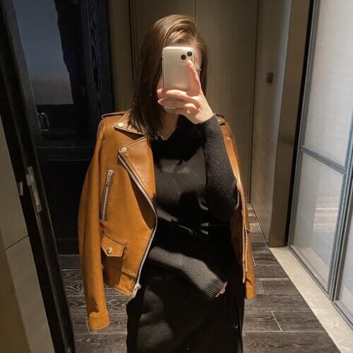2021 Autumn Spring Real Sheppskin Leather Jacket Women Motorcycle Korean Clothes Brown Woman Coats Veste En Cuir Femme WPY1955
