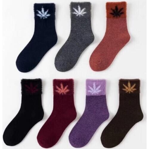 Autumn Winter Maple Leaf Wool Socks Women Japanese Style Solid Color Warm Funny Socks Woman 120506