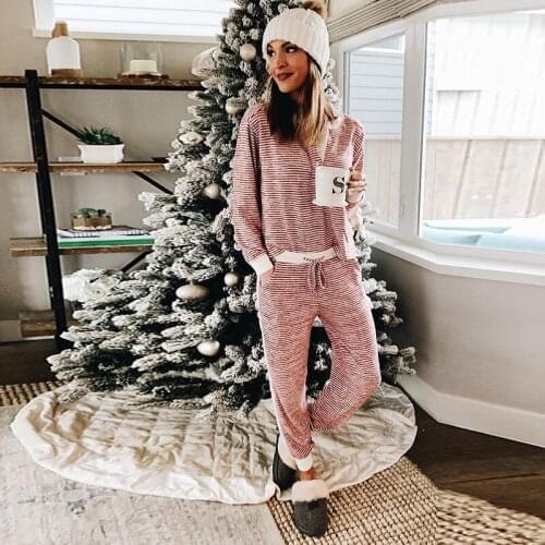 Autumn and Winter Loungewear Pajamas Set Fashion Long-sleeved Trousers Two-piece Sleepwear Striped Nightshirt Womens Home Suit