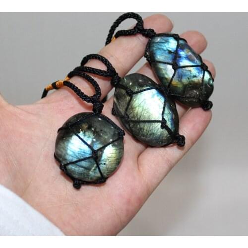 Hemp Labradorite Moonstone Stone Pendants & Necklaces Sunlight Shaped Energy Stone Women Men Healing Yoga Jewelry Drop Shipping