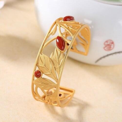 S925 Sterling Silver Natural South Red Agate Bracelet Retro Personalized Leaves Court Style Open-Ended Bracelet Bracelet Jewelry