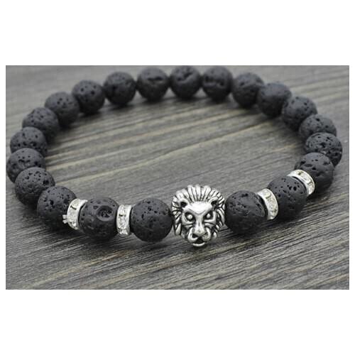 8mm hegf2 silver elastic adjusted Charm copper lion nature black stone volcanic lava Bracelet Reiki Chakra Buddha Yoga