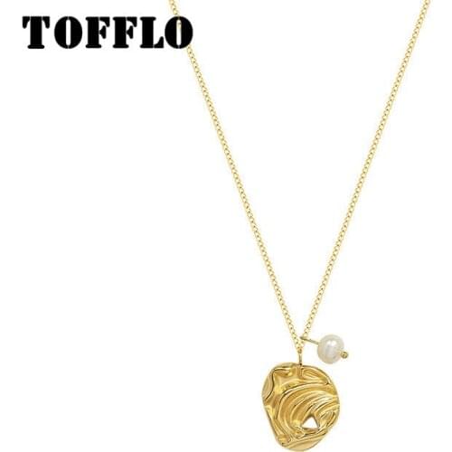 TOFFLO Stainless Steel Jewelry Abstract Art Irregular Pendant Freshwater Pearl Necklace Female Elegant Sexy Clavicle Chain P912