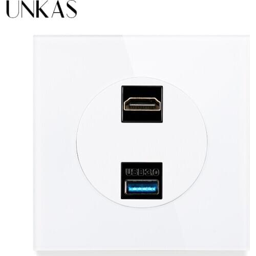 UNKAS HDMI-Compatible 2.0 Port USB 3.0 Connector Jack Wall Power Socket AC110~250V Luxurious Tempered Crystal Glass Panel Outlet