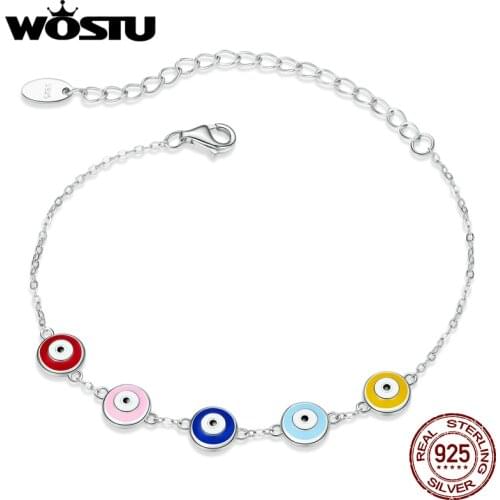 WOSTU 925 Sterling Silver Guardian Eye Bracelet Adjustable Colorful Enamel Bracelet Chain Link For Women Fashion Jewelry CQB218