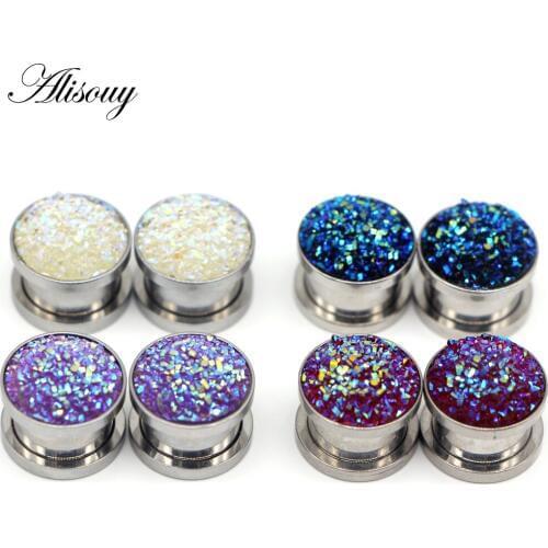 Alisouy 2 PCS Steel Stainless Steel Ear Plug Screw Fit Ear Tunnel Plug Gauge 6-16mm Expanders Piercing With Beauty Rhinestone