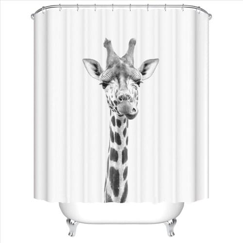 Black and White Animals Pattern Bathroom Curtain Giraffe Fabric Waterproof Shower Curtain Rings 3D for Bath Decorative