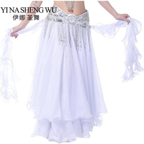 New Chiffon Roll Leaf Double Slit Skirt Belly Dance Chiffon Skirt Belly Dance High Slit Women Dance Dress (Without Belt) 13Color
