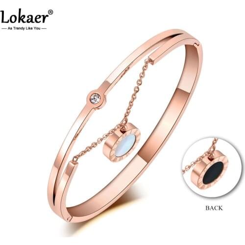 Lokaer Titanium Stainless Steel Shell & Acrylic Bangles Bracelets For Women Roman Numerals Cuff Bangle Bracelet Jewelry B19068
