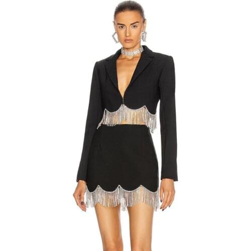 Women Autumn Sexy V Neck Long Sleeve Crystal Tassel Black Mini Two Piece Bodycon Set 2021 Celebrity Fashion Womens Set