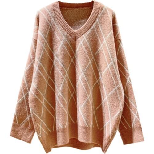 Women Pullover Sweaters Sweet V-Neck Long Sleeve Knitted Loose Sweater Tops Winter Ladies Jumper Swearters