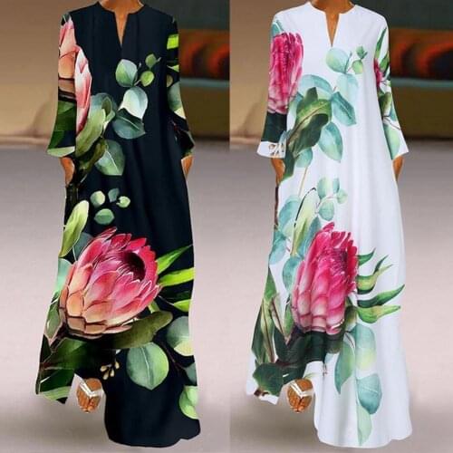 Women Casual Lantern Sleeve V-neck Summer Dress 2021 Fashion Floral Printed Vintage Maxi Sundress Loose Party Robe