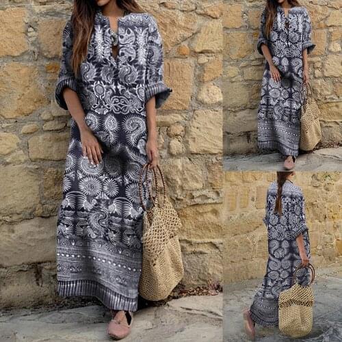 Blue-And-White Print Porcelain 2021 Autumn New Style V-Neck Pullover X-Long Sleeve Loose Large Size WomenS Ethnic Style Dress