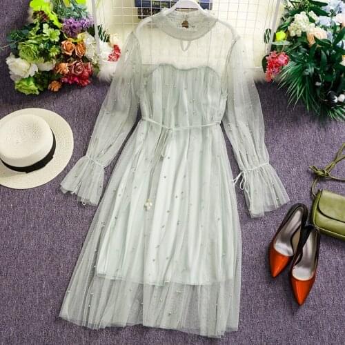 2020 New Spring Womens Solid Color Sweet Mesh Dresses Female O Neck Long Sleeve Nail Bead High Waist Dress