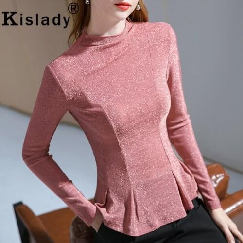 Winter Ruffles Patchwork Gothic Tops T-Shirts Sexy OL Harajuku Plus Size Shining Shirts Korean Turtleneck Long Sleeve Clothing