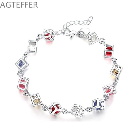 AGTEFFER 925 Sterling Silver Multicolor Square AAA Zircon Bracelet For Women Wedding Engagement Party Fashion Jewelry