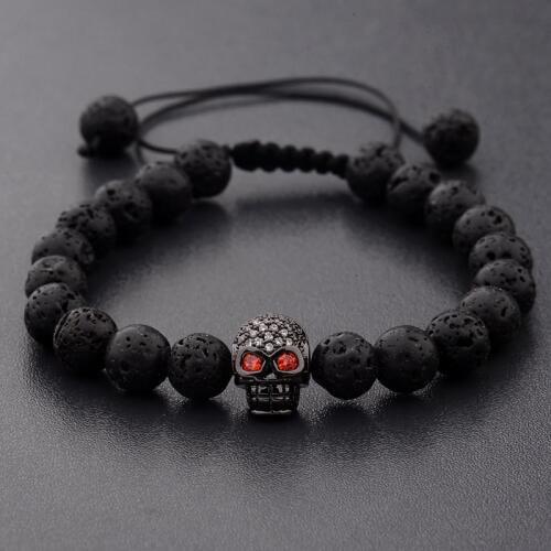 Charms 8mm Skeleton Artificial Lava Stone BraceletsCZ Zircon Pave Bead Rope Braided Men Healing Balance Energy Lucky Bracelet