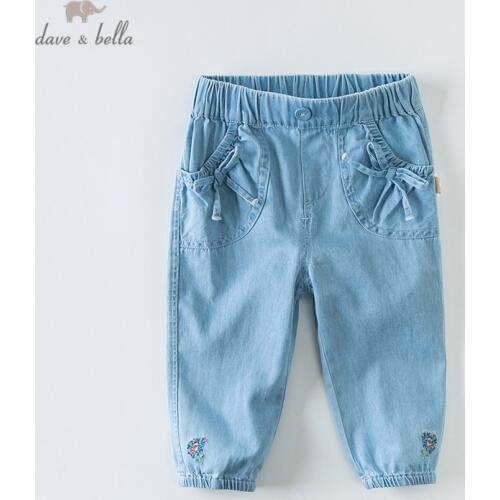 DBA12569 dave bella spring baby girls fashion floral bow pockets pants children full length kids pants infant toddler trousers