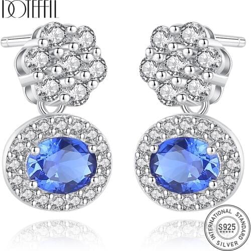 DOTEFFIL New Blue Oval Topaz Stud Earrings With Solid Miniature White Zircon Flowers 925 Sterling Silver Fine Jewelry For Women