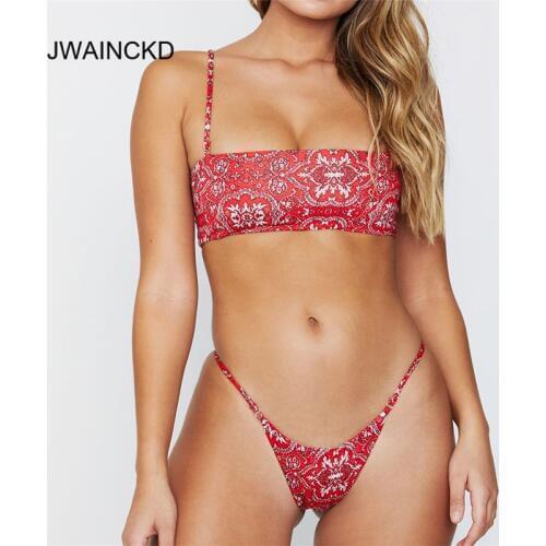 JWAINCKD Bikini Women Bandeau Bandage Bikini Set Push-Up Brazilian Swimwear Retro Print Beachwear Halter Thong Swimsuit Female