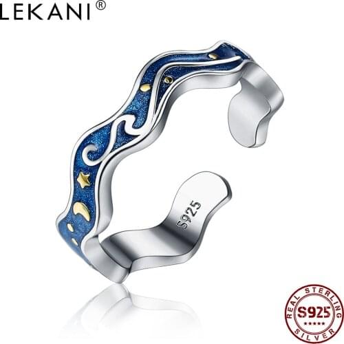 LEKANI Real 925 Sterling Silver Finger Rings For Women Blue Galaxy Starry Sky Adjustable Couple Ring Fine Jewelry Accessories