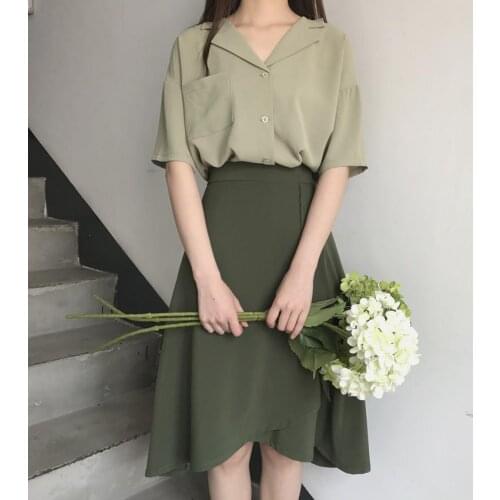 Korean version of solid color avocado green irregular skirt female student + all-match short-sleeved top summer one-piece suit