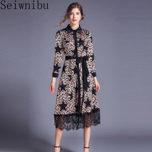 Leopard Dress Fashion Womens Long Sleeve Stars Printing Lace Patchwork Midi Blouse Shirt Dress Vestido Robe Femme