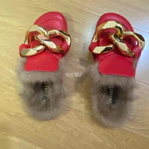 Fur Slippers Loafer Chunky Golden Chains Women Leather Ladies Kopmkp Luxury Mule Sandal Indoor Winter House Shoes Zapato Mujer