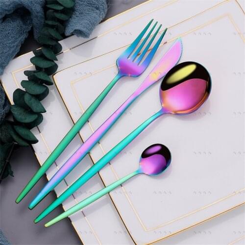 Golden Dinnerware Set Stainless Steel Tableware Western Gold Fork Knife Tea Spoon Kitchen Flatware Rainbow Cutlery Dropshopping