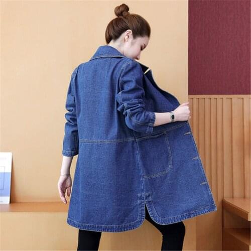 Oversized Women Denim Windbreaker Jacket 2021 Spring Autumn Suit collar Loose Long Coat Plus size 5XL Casual Female Jeans Jacket