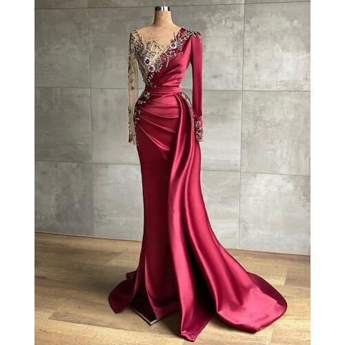 2021 Arabic Aso Ebi Burgundy Luxurious Mermaid Evening Dresses Beaded Crystals Prom Dresses Sheer Neck Formal Party Second Rece