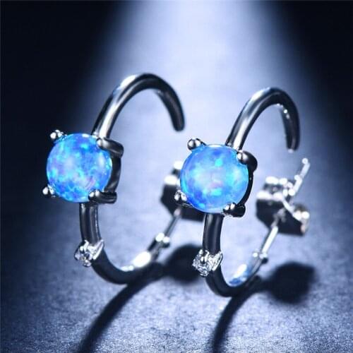JUNXIN Round Stone Blue White Fire Opal Earrings Female Silver Color Circle Hoop Earrings For Women Wedding Gifts